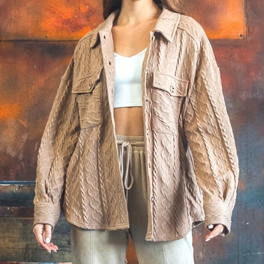 NWT Very J Mocha Cable Knit Button Down Shacket Jacket - Picture 2 of 4